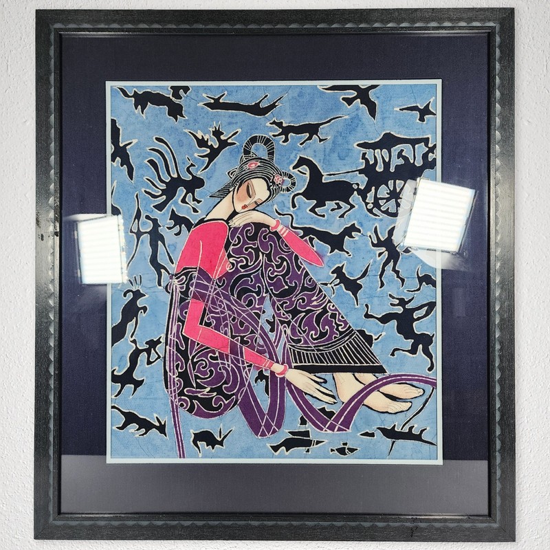 Batik Fabric Painting Woman Abstract Asian Vintage Professionally Framed Large