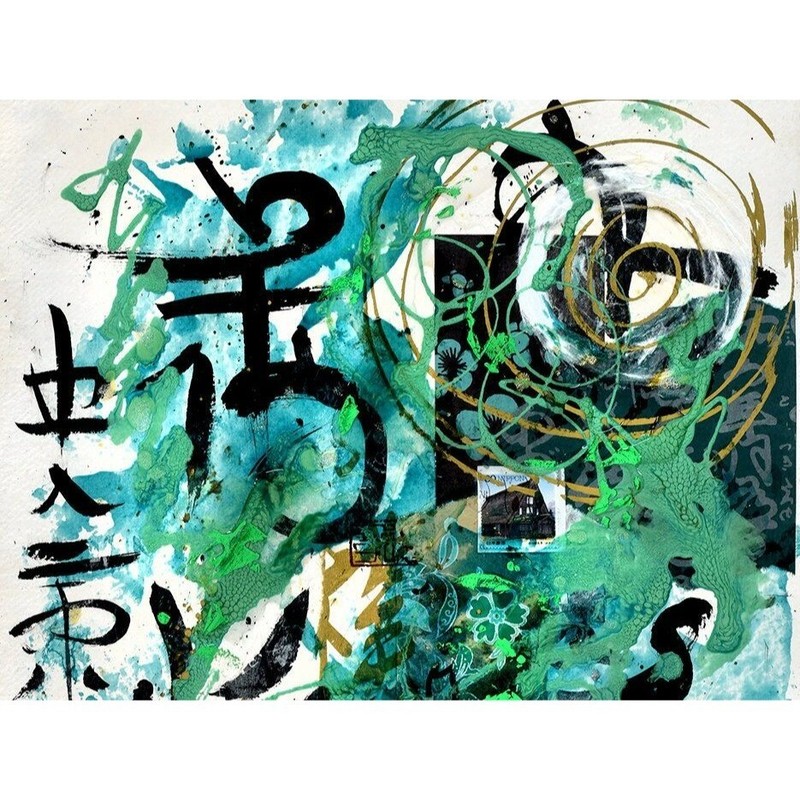 Green House Original Art Handmade Mixed Media Asian Calligraphy Painting 22x38in
