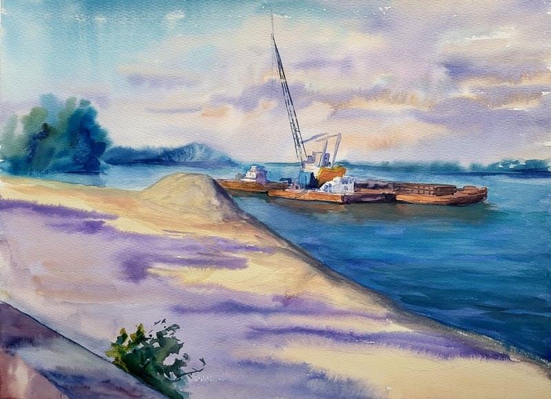 Watercolor Painting Dredge On The Dnieper Serdyuk B. Unframed Original nSerb946