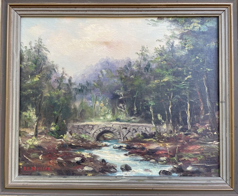 NATURALIST LANDSCAPE WITH RIVER BRIDGE BANK STONES TREES MOUNTAINS SKIES SWEDEN gallery