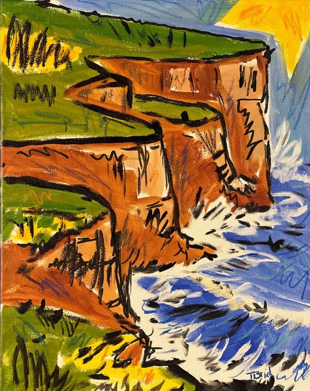 Original Coastal Cliffs Expressionist 11×14 Signed Acrylic Canvas Painting