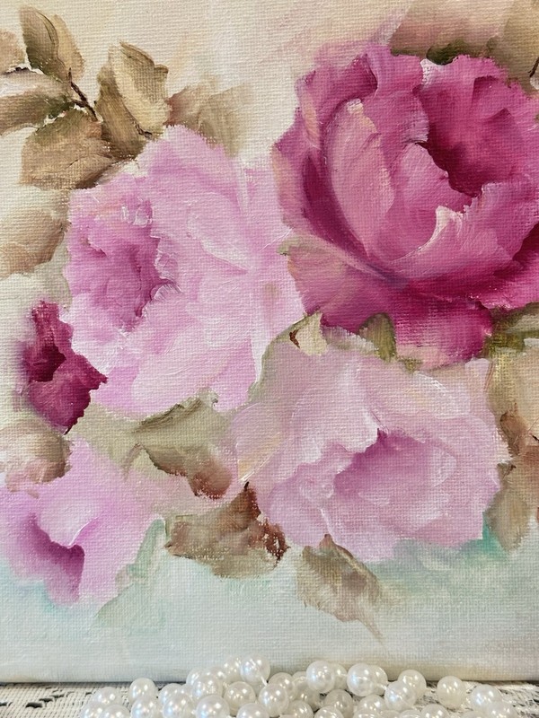 Pink / Cranberry Roses Hand painted Oil 8x10 canvas ShabbyVintage Style Signed gallery