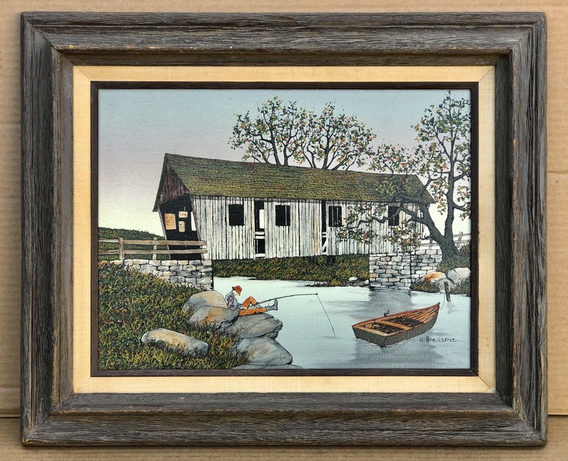 Vtg 1980s Framed Serigraph Oil Painting Covered Bridge Signed by Artist Hargrove