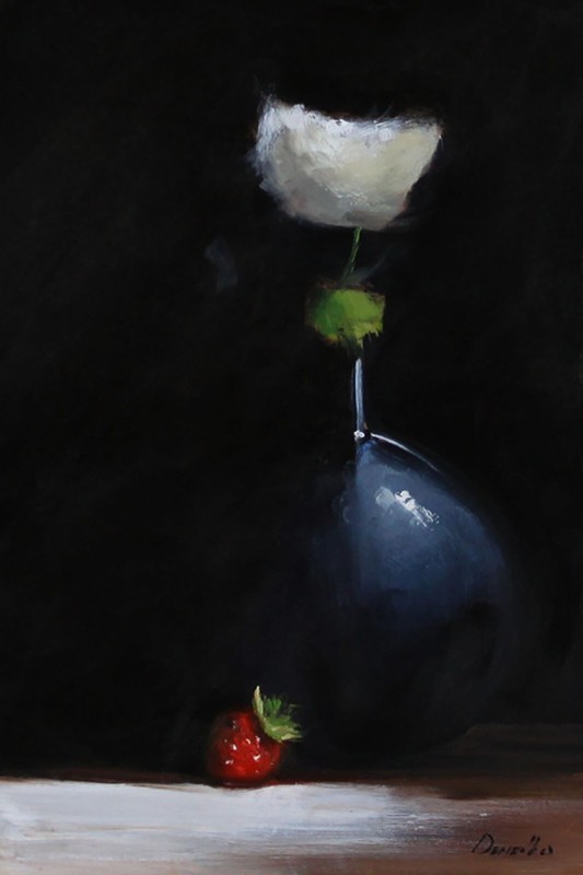 WHITE ROSE AND STRAWBERRY Stylish Modern Art Oil painting UKRAINE 8×12