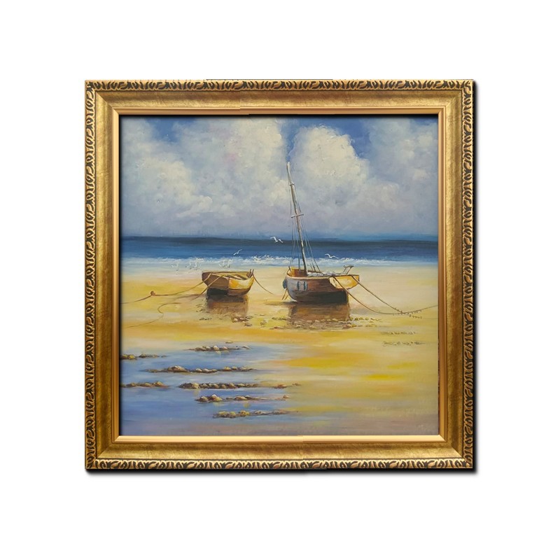 Framed Art Quality Hand Painted Oil Painting Beach Boat Sea Landscape, 20x20in