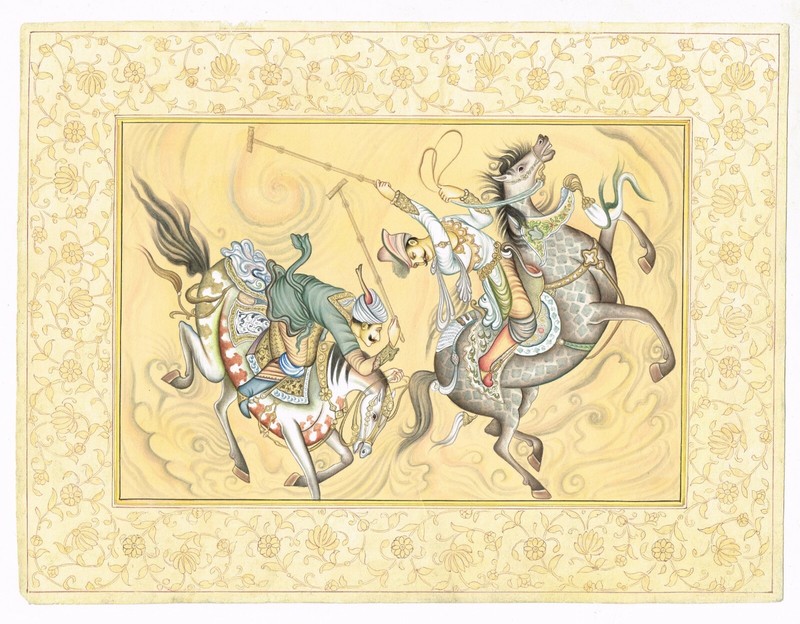 Hand Miniature Painting Of Indian King Playing Polo Game On Paper 11×8.5 Inches