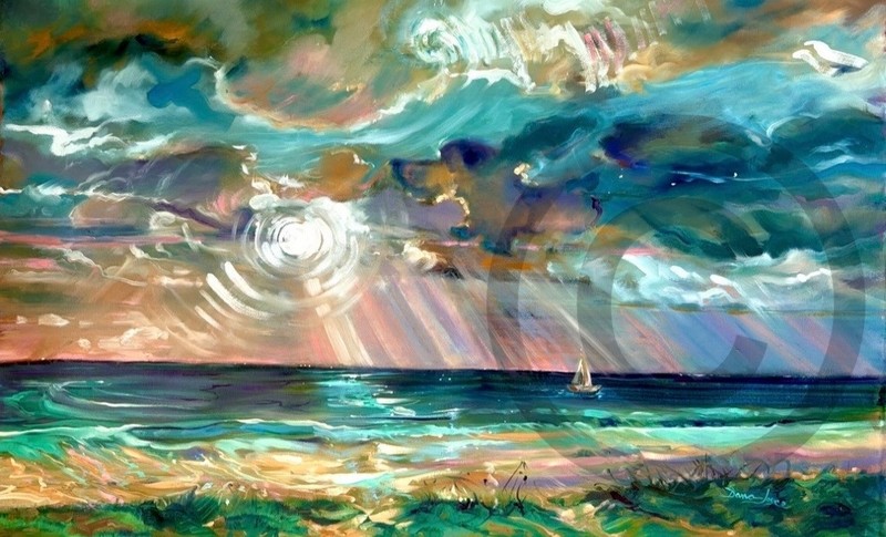 Original Seascape Oil Painting by Dana Joyce 21″x34″ of «Snoopy Dog Cloud»