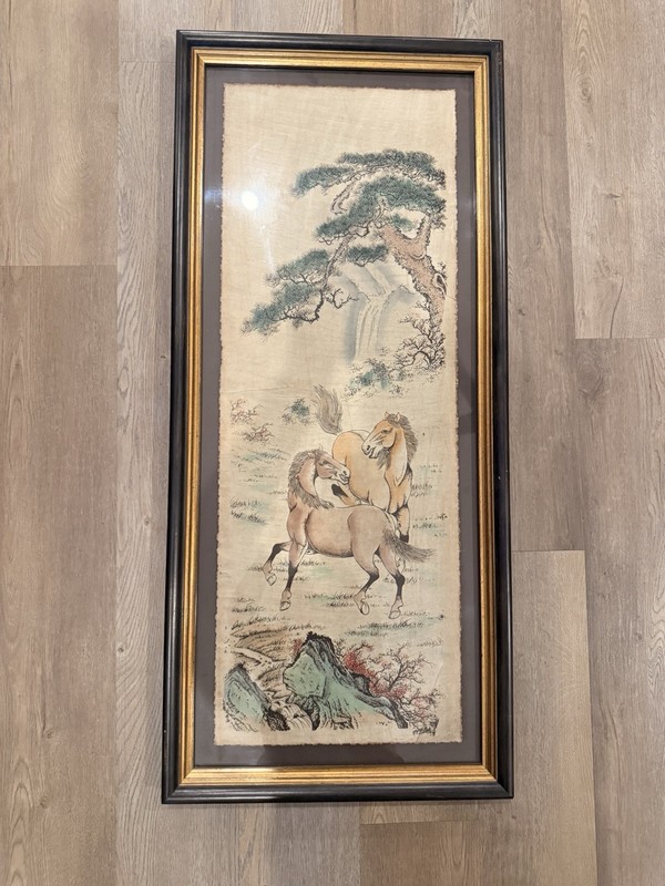 Chinese Style Framed Paper Painting, Two Horses in Landscape, Vertical Wall Art