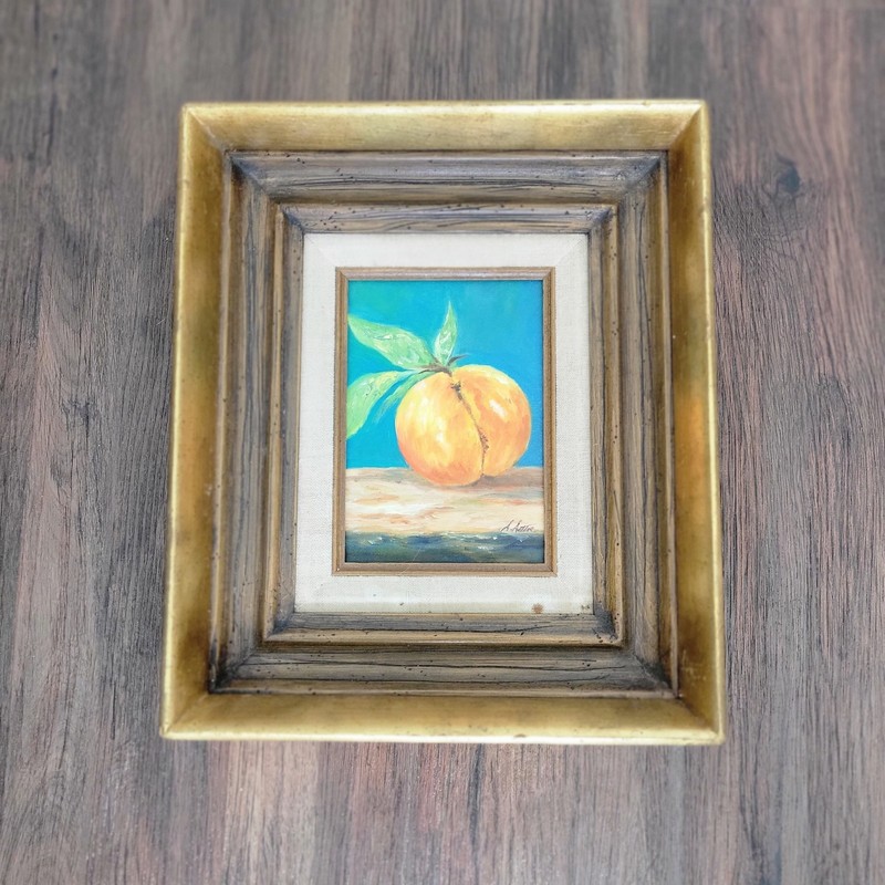 Vtg Original Still Life Oil Painting In Ornate Gilt Wood Frame Peach Signed OOAK