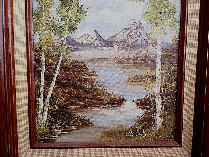 MESTER HAZY OIL PAINTING ON CANVAS-STREAM MOUNTAIN TREES,Hecho En Mexico 8 x 10