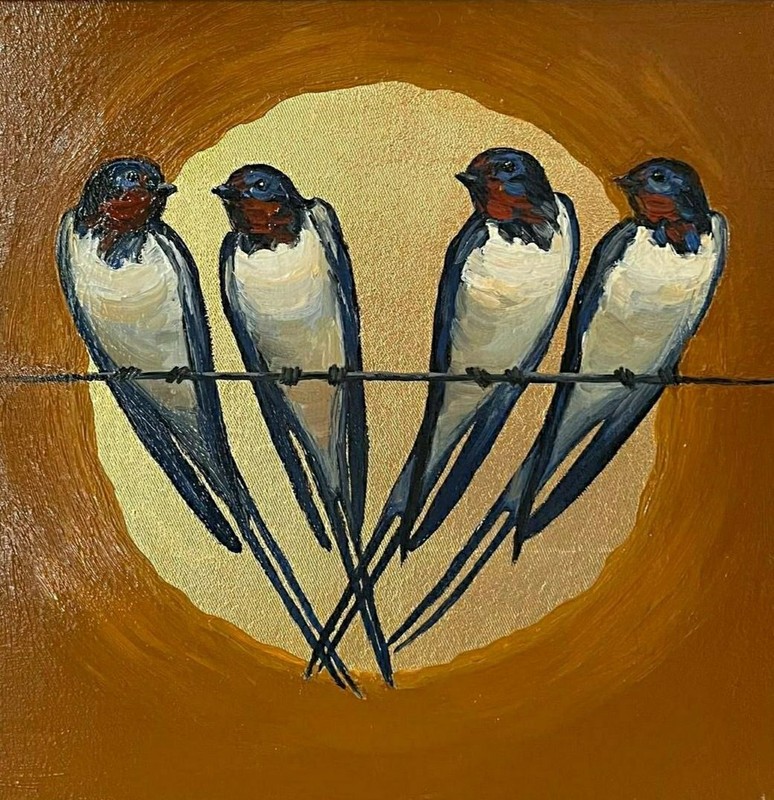 art 343 original painting 30×30 oil on canvas potal swallows birds modern