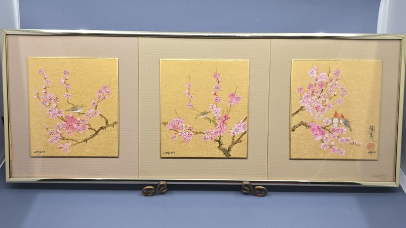 Vtg 3 Original Panel Cherry Blossoms & Birds Watercolor Paintings Framed