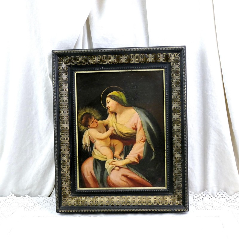 19th C French Framed Oil Painting of Virgin Mary with Child Religious Picture
