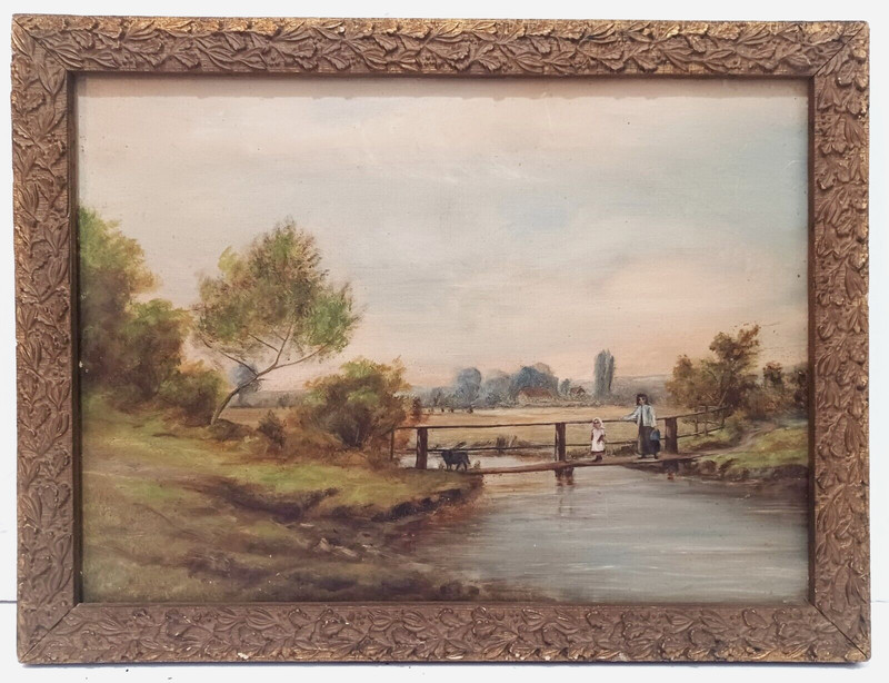 ANTIQUE ORIGINAL OIL on CANVAS LANDSCAPE BRIDGE CROSSING MOTHER & CHILD w/ DOG