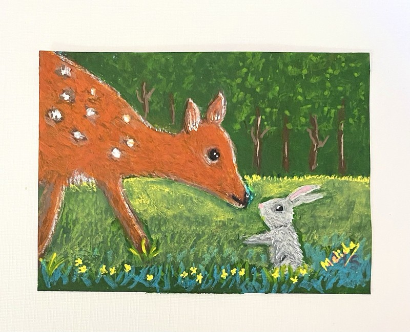 ACEO Deer and Rabbit Original painting, Friends Art, Wildlife Nature Art