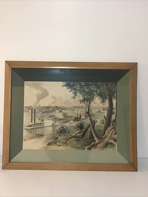 St. Louis In 1872 Riverfront Scene Steamboats Watercolor By Bette Bruce 31.5”