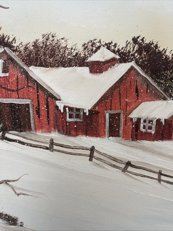 Farmhouse Landscape Painting Red Barn Snow Winter Rustic Country Canvas 16x20” gallery