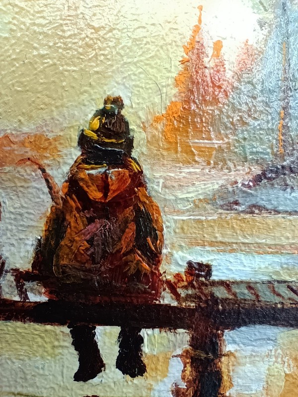 Boy With Dog Original Oil Painting 4x6 Framed Signed Lake Sunset Landscape Art gallery