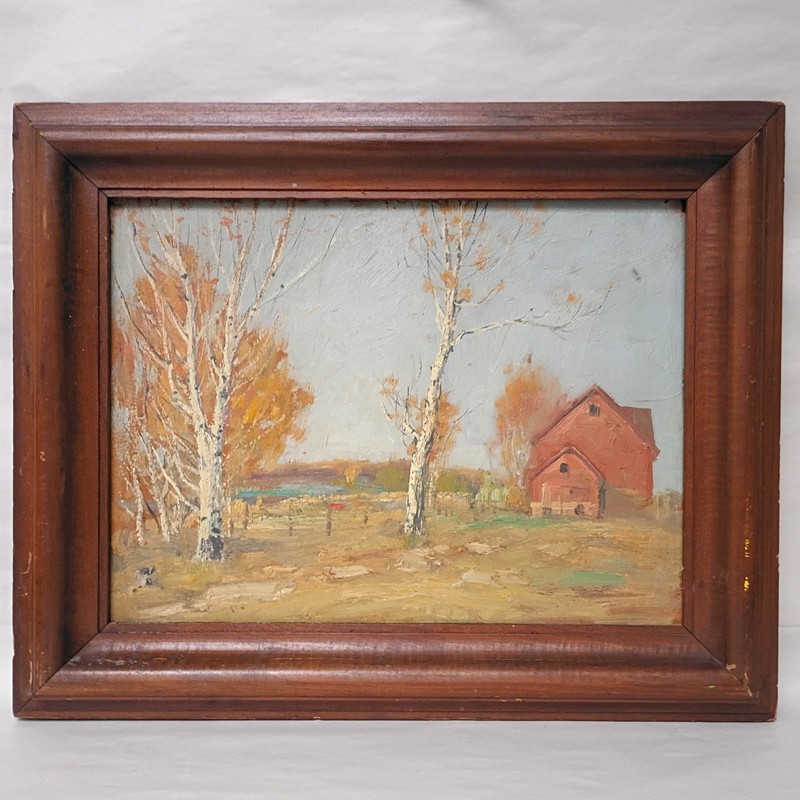 Antique Landscape Oil Painting well done 12 X20" unsigned Farm 1930's Barn gallery