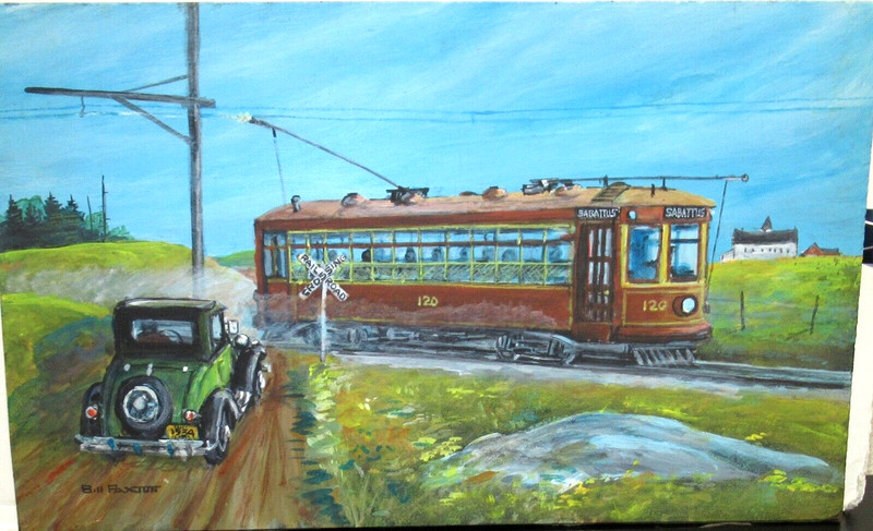 WILLIAM (BILL) PAXTON SABATTUS CABLE CAR CROSSING MAINE OIL ON BOARD PAINTING gallery