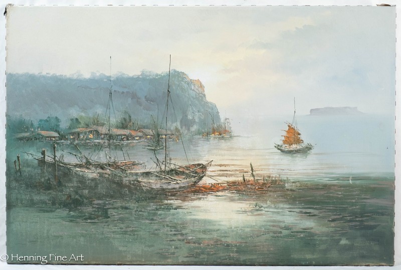Vintage Chinese Painting Coastal River Valley Seascape with Junk Boats 24 x 36″