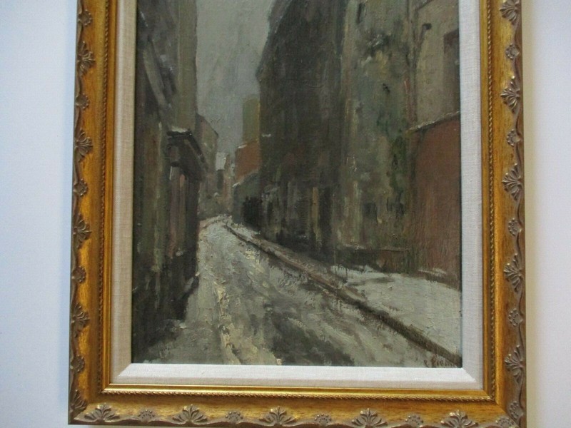 ANTIQUE OIL PAINTING IMPRESSIONISM VILLAGE CITY STREET SCENE URBAN TENEMENTS OLD gallery