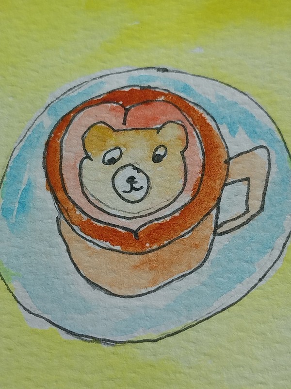 3×3 ORIGINAL PAINTING BEAR COFFEE KITCHEN ART WHIMSICAL STORYBOOK CUTE GAT