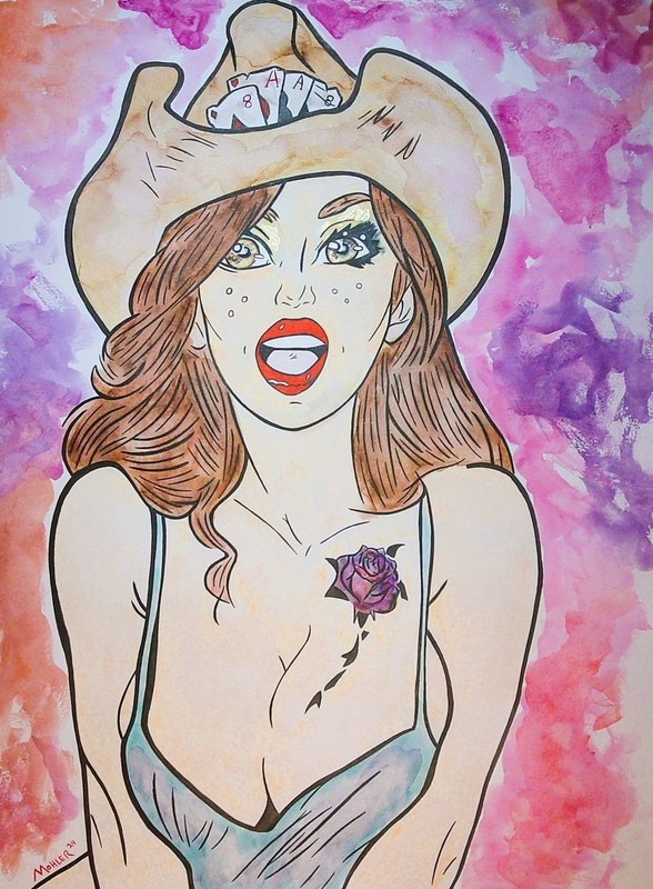 Pinup Lowbrow pinup «Black Rose» 18×24 watercolor by Alexander Mohler