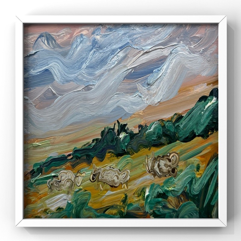 Tuscany Abstract Art Italian Countryside Landscape Oil Painting Sheep Pasture 4”