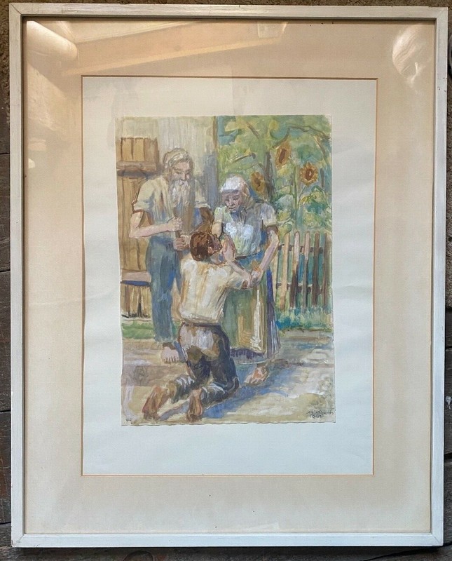 SIGFRIED PFAUTH WATERCOLOR ORIGINAL FRAMED GARDEN WITH PEOPLE RARELY SIGNED 51