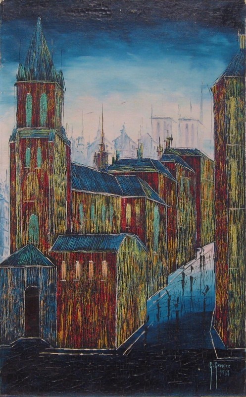 Vintage Georges Genele OIl On Canvas «Église Saint-Séverin»