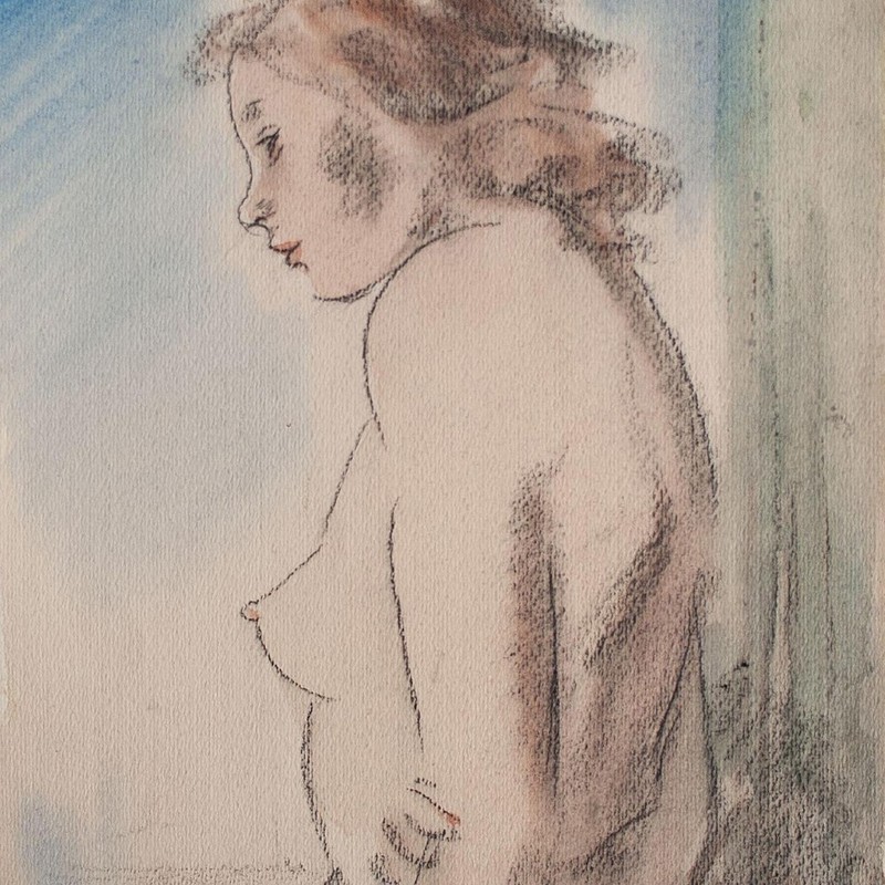 Female Nude Standing illegible signed watercolor over charcoal pen 1943