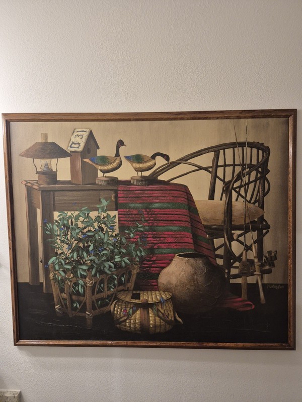 Vintage Still Life Folk Art Oil Painting Fishermans Scene Signed Huntington