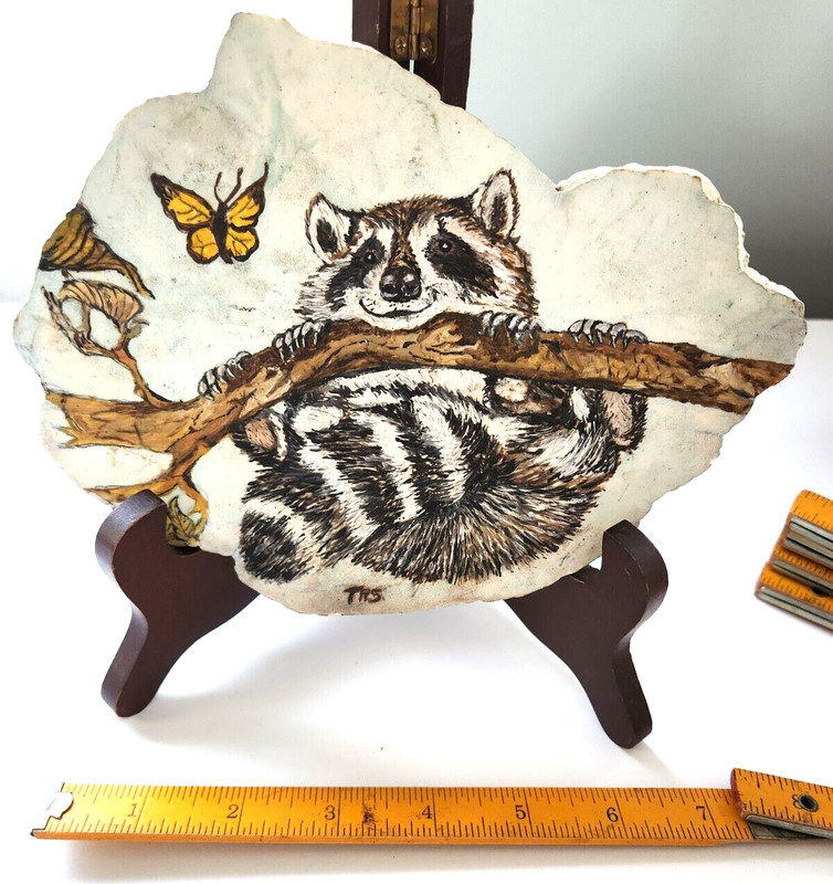 Original Racoon and Butterfly Painting on Howlite Stone Slab