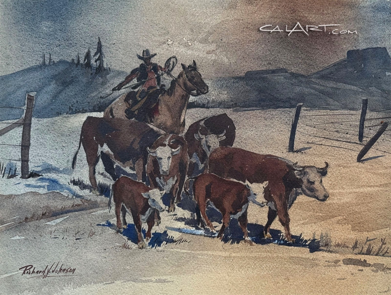 Mid Century COWBOY HERDING CATTLE Watercolor Painting by Listed Regionalist