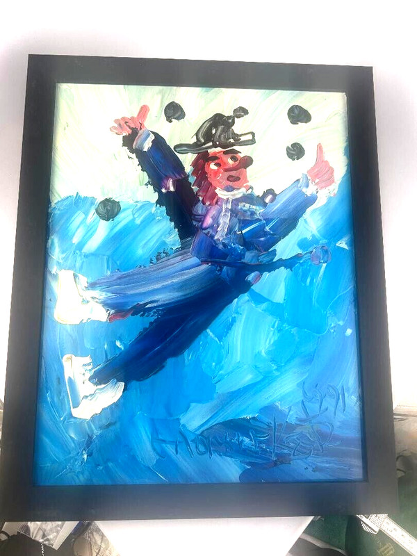 Morris Katz Original Oil Painting 16″ x 13″ Signed 1991 «Dancing Clown» Framed.