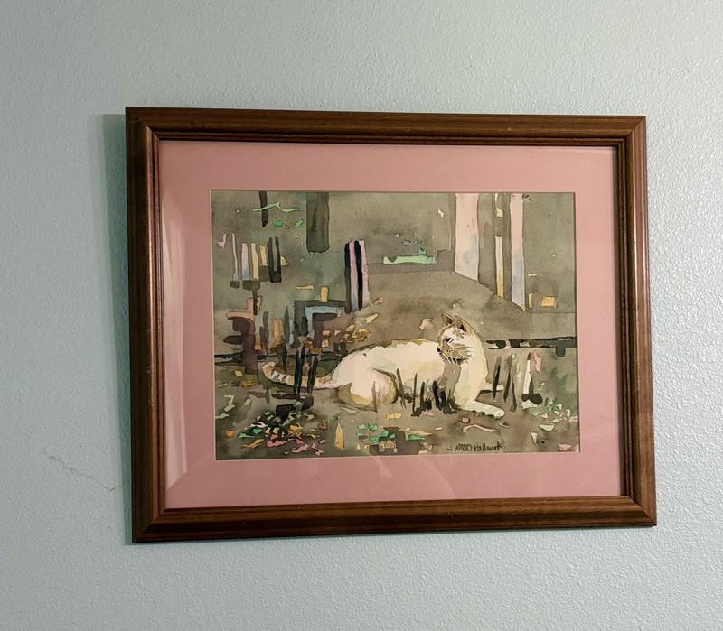 VTG Painting J Wood Hallmark Watercolor Abstract Cat 17x21 Signed Matted Framed gallery
