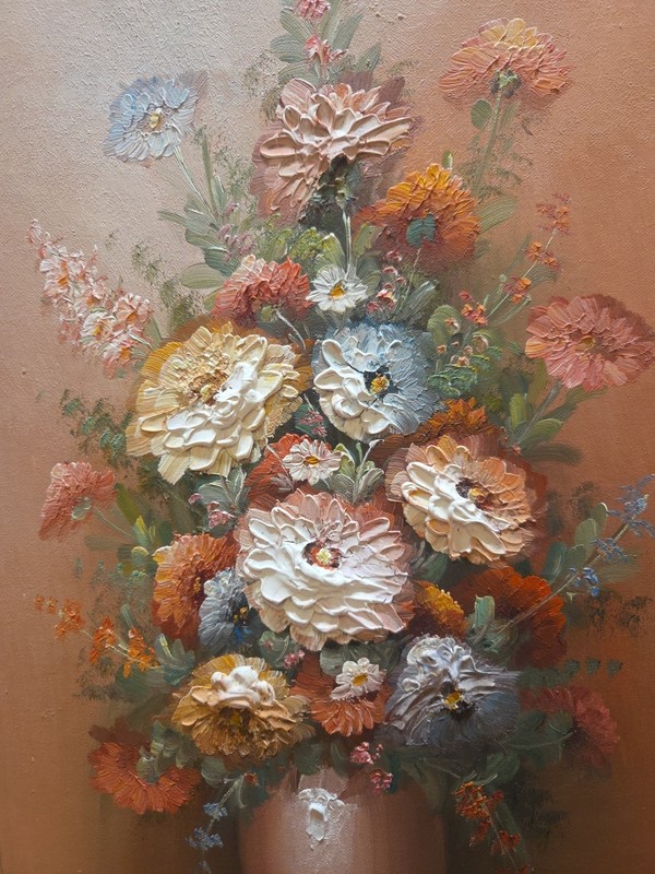 K. Stone framed Vintage floral Art Oil Painting on Canvas 14×26 gallery