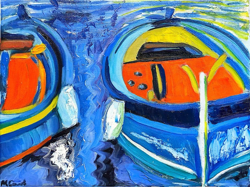 GERARD 14×11 IN-Abstract Expressionist Original Oil Painting Boats