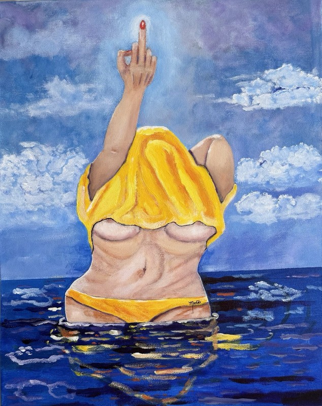 «ATTITUDE» Woman standing in ocean, bikini, acrylic painting by Mona’s Art