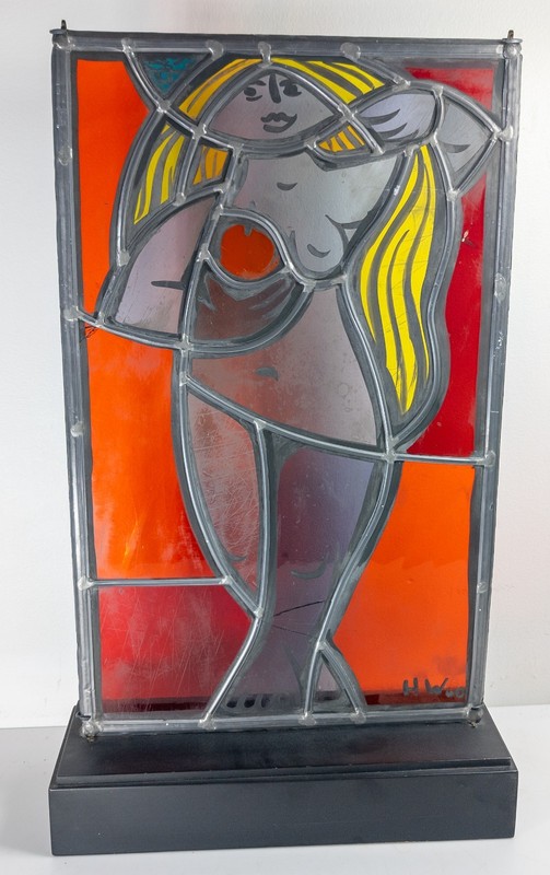 Mid-Century Modern Stained Glass Window Abstract Nude Signed 1960