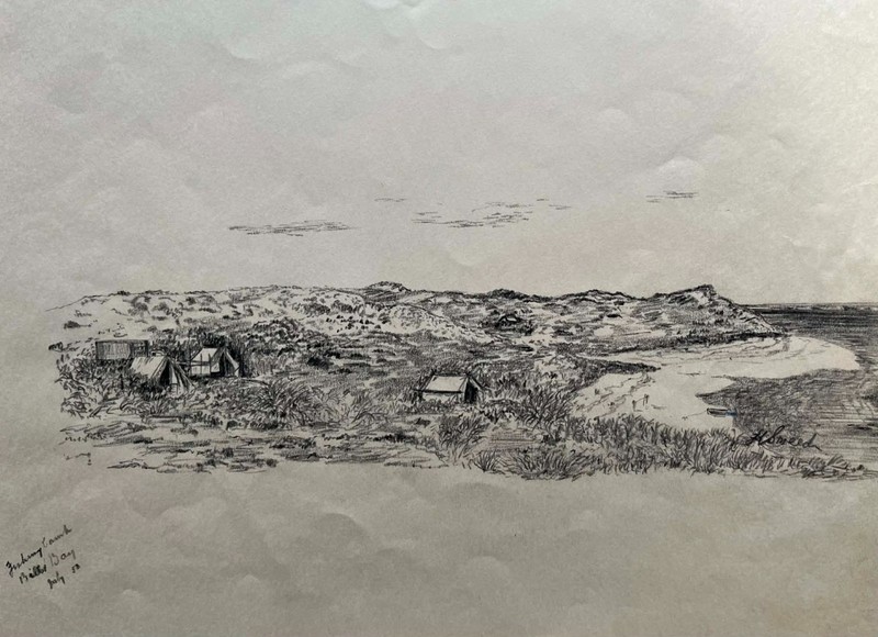 HUBERT SMEED WEST AUSTRALIAN PENCIL «FISHING CAMP BILLS BAY CORAL BAY WA» 1950