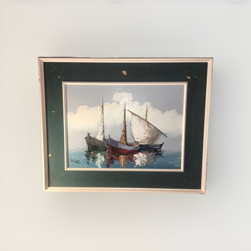MANUAL PLA Y VALOR Spanish Painter Vintage Painting Oil On Canvas Sails Boat ￼