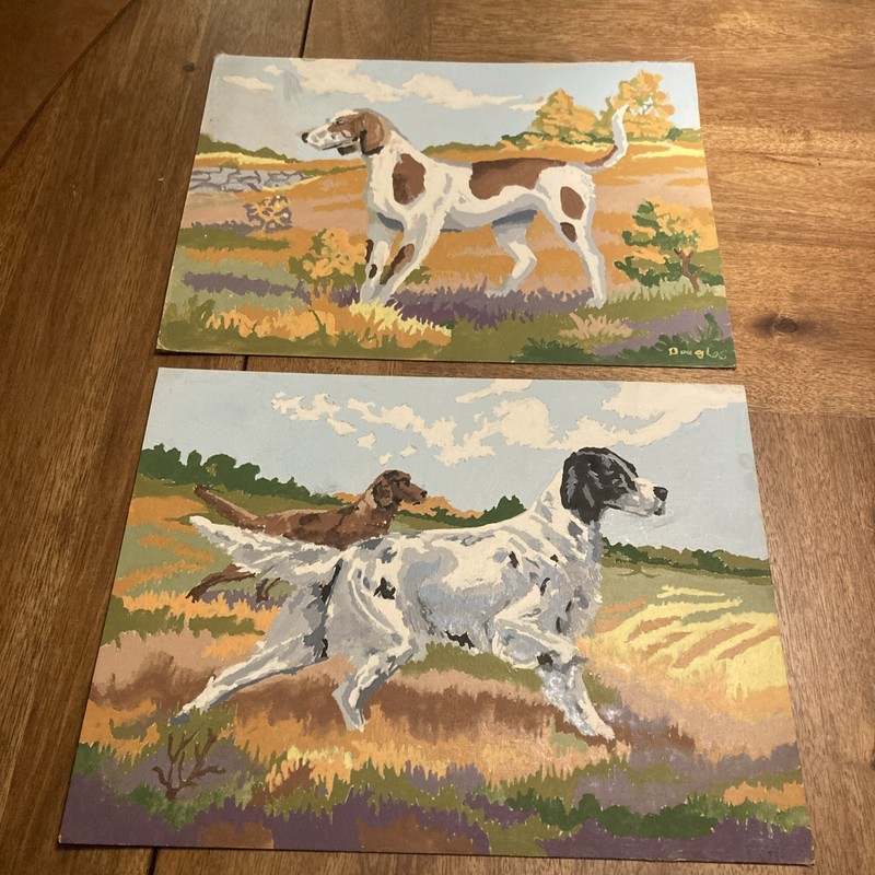 Two Vintage Paint By Number Paintings Of Dogs In Field 1965 Hunting Dogs