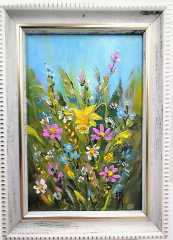 Original framed oil painting with signed flowers Spring colorful Impasto flowers