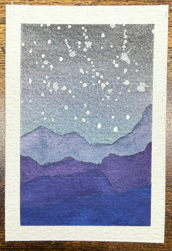 ACEO Original Painting. Landscape. Purple Mountains at Night with Stars.