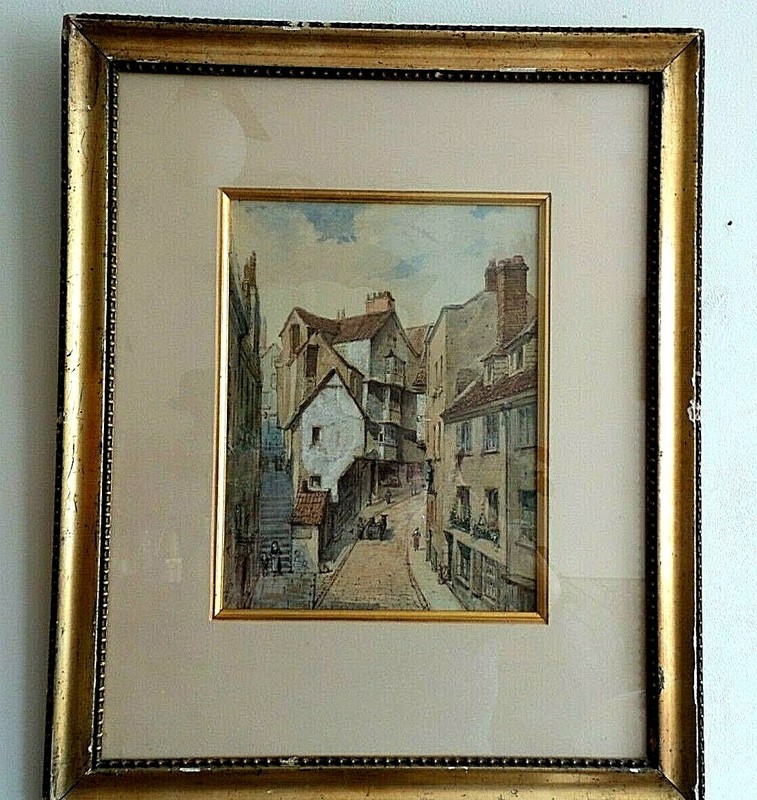 ANTIQUE ORIGINAL WATERCOLOR DRAWING «STEEP STREET» BRISTOL ENGLAND FRAMED UNDER
