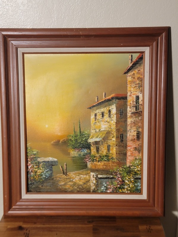 Vintage Rossini Oil Painting Italian Harbor Scene Mid Century Modern Framed 32″
