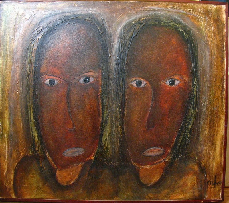 MCM MODERNIST OIL PAINTING FACES Acrylic/Oil Painting on Canvas Artist Signed