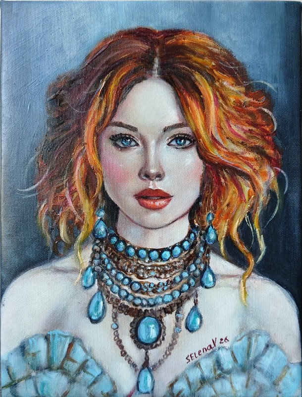 Original Oil Painting Redhead Woman Turquoise Jewelry Portrait 7×9″ 18x24cm Art